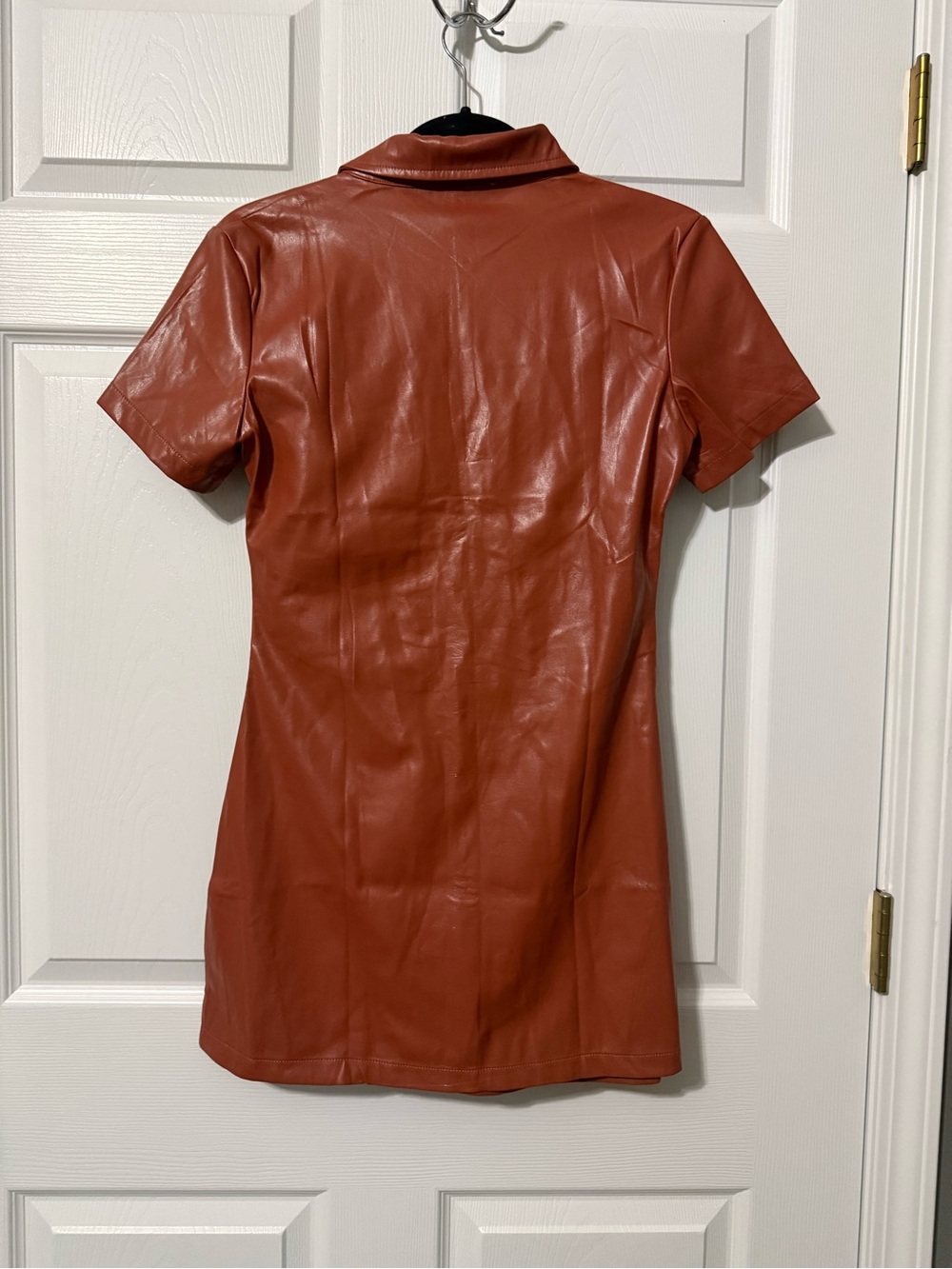 Olivaceous NWT Button- Front Ruched Faux Leather Shirt Dress - M - Picture 6 of 7